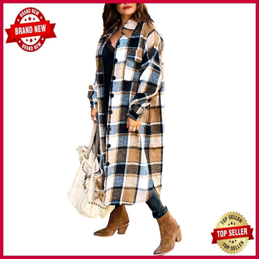 Long Plaid Trench Coat, Relaxed Fit, Wool Blend, Button Front, Pockets